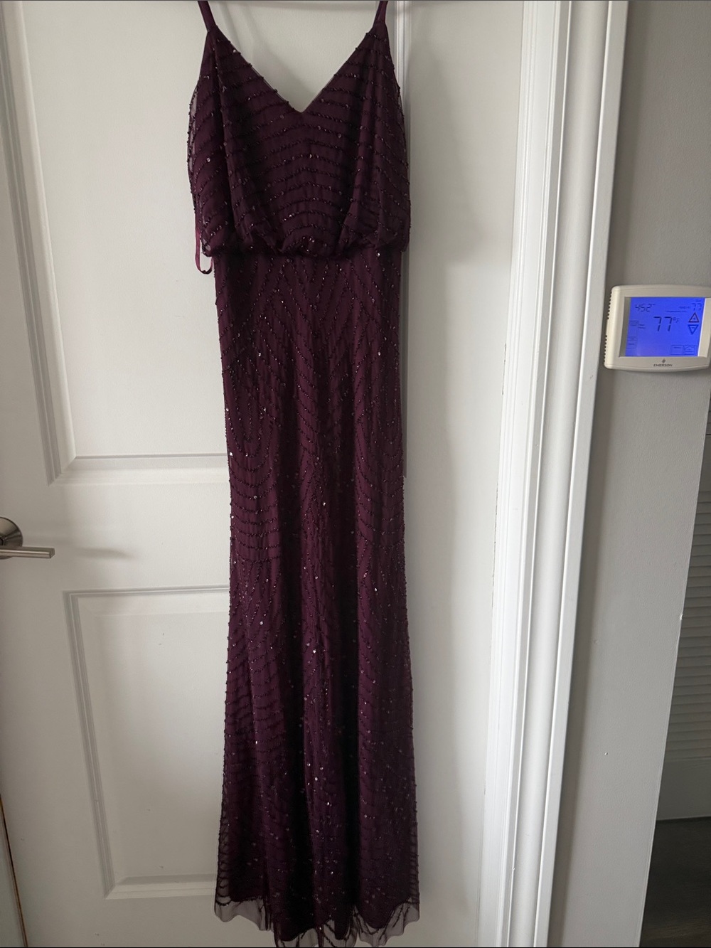 Adrianna Papell Plum Beaded Spaghetti Strap Prom Dress